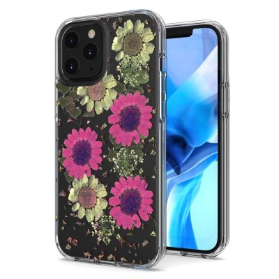 For iPhone 12 & iPhone 12 Pro (Open Camera Hole) Floral Glitter Design Case Cover - Daisy Pink