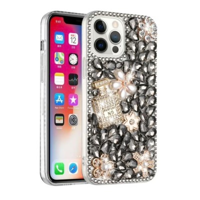 For iPhone 12 & iPhone 12 Pro (Open Camera Hole) Full Diamond with Ornaments Case Cover - Pearl Flowers with Perfume Red