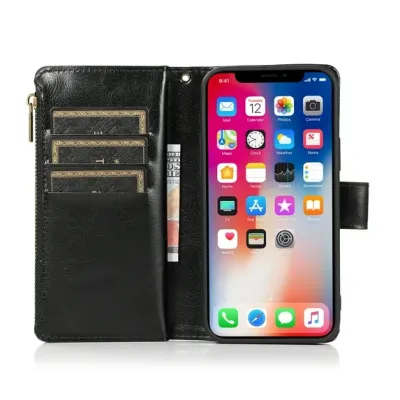 For iPhone 12 & iPhone 12 Pro (Open Camera Hole) Luxury Wallet Card ID Zipper Money Holder Case Cover - Black
