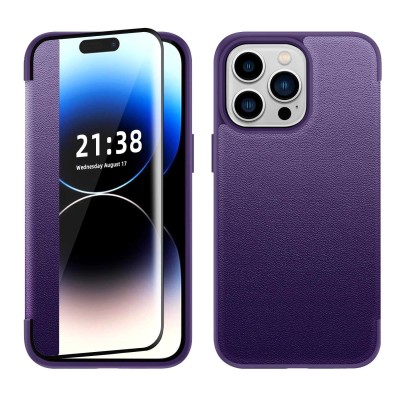 For iPhone 12 & iPhone 12 Pro PU Leather Window Flap Case with Cover - Dark Purple