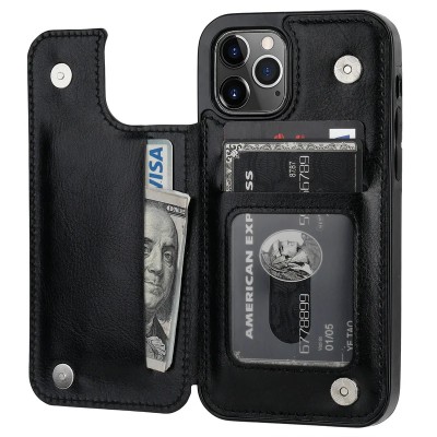 For iPhone 12 & iPhone 12 Pro Purse Style Wallet Card ID Money Holder with Zip containing Long & Short Lanyard - Black