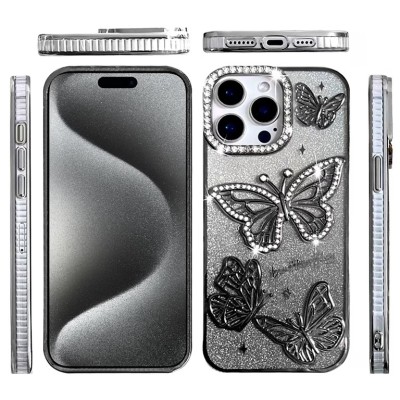 For iPhone 13/14 Butterfly Freedom Shimmer Glitter Thick TPU Case Cover - Black