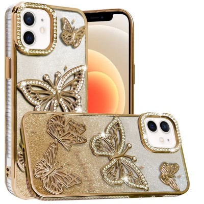 For iPhone 13/14 Butterfly Freedom Shimmer Glitter Thick TPU Case Cover - Rose Gold