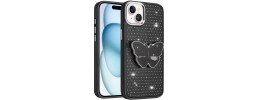 For iPhone 13/14 Butterfly Moveable Grip Stand With Small  Diamonds Meta Buttons HQ Hybrid - Black
