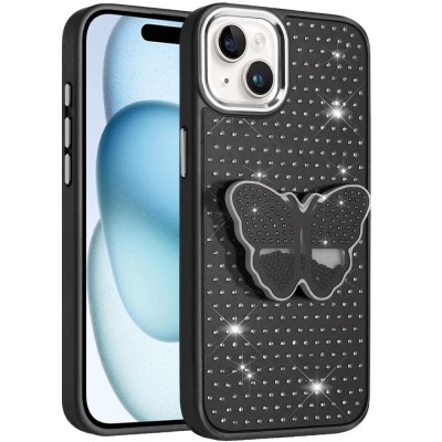 For iPhone 13/14 Butterfly Moveable Grip Stand With Small  Diamonds Meta Buttons HQ Hybrid - Black