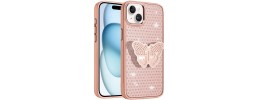 For iPhone 13/14 Butterfly Moveable Grip Stand With Small  Diamonds Meta Buttons HQ Hybrid - Pink