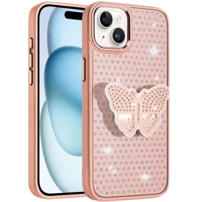For iPhone 13/14 Butterfly Moveable Grip Stand With Small  Diamonds Meta Buttons HQ Hybrid - Pink