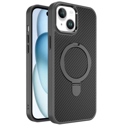For iPhone 13/14 Carbon Design [Magnetic Circle] with Ring Stand Hybrid Case - Gray