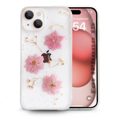 For iPhone 13/14 Floral Joy Glitter Shimmer Leather Feel Thick TPU  Case - Orange/Pink
