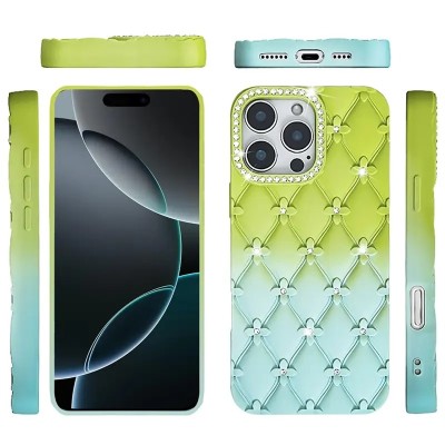 For iPhone 13/14 Floral Joy Glitter Shimmer Leather Feel Thick TPU Case - Yellow/Green