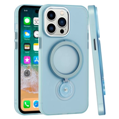 For iPhone 13/14 Hoop Kickstand [Magnetic Circle] HD Transparent Chrome Hybrid - Sky Blue