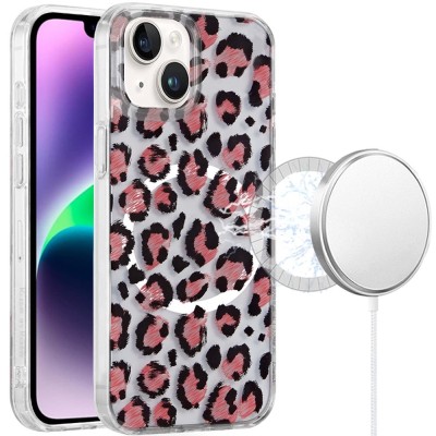 For iPhone 13/14 Magnetic Double Layer IMD Design Case - Pink Floral