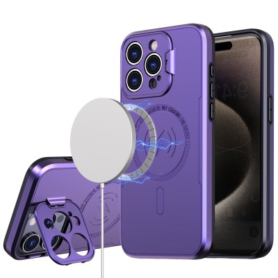 For iPhone 13/14 Magnetic Ring Circle Camera Cap KickStand Hybrid UV Paint Matte Finish Case - Purple
