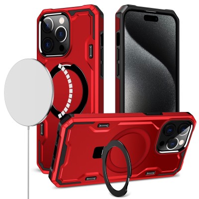For iPhone 13/14 Magnetic Ring Stand Simplistic Tough Hybrid Case Cover - Red