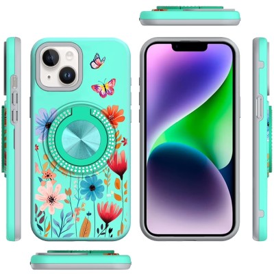 For iPhone 13/14 Metal Diamond CD Pattern Design Matte Finished Hybrid with Rotational Ring [Car Mount Friendly] Case - 2