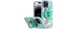 For iPhone 13/14 Metal Diamond CD Pattern Design Matte Finished Hybrid with Rotational Ring [Car Mount Friendly] Case - Floral D
