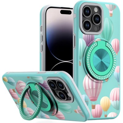 For iPhone 13/14 Metal Diamond CD Pattern Design Matte Finished Hybrid with Rotational Ring [Car Mount Friendly] Case - Floral D
