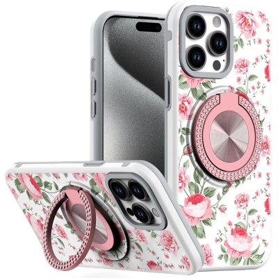 For iPhone 13/14 Metal Diamond CD Pattern  Design Matte Finished Hybrid with Rotational  Ring [Car Mount Friendly] Case - Hearts