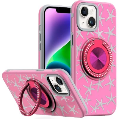 For iPhone 13/14 Metal Diamond CD Pattern Design Matte Finished Hybrid with Rotational Ring [Car Mount Friendly] Case - Hot Air Balloon