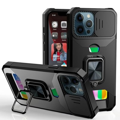For iPhone 13/14 Multi-Functional Card Magnetic Ring Stand Hybrid Camera Case Cover - Black