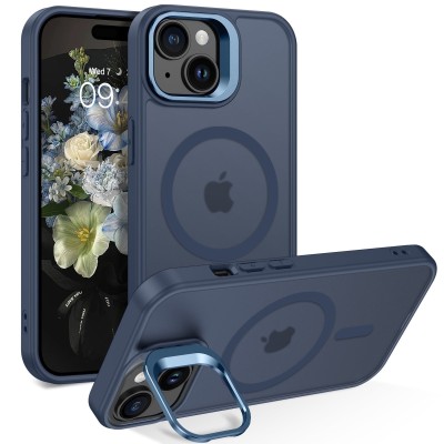 For iPhone 13/14 Robotic Hybrid with Magnetic Ring Stand Case Cover - Dark Blue