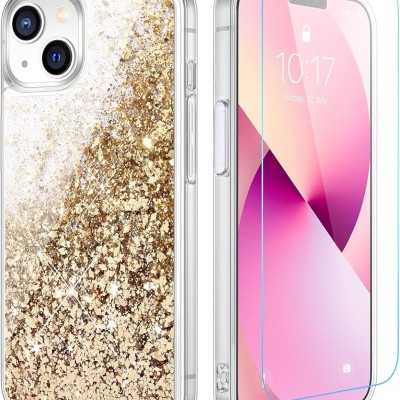 For iPhone 13/14 Shimmer Glitter Floral Design Thick TPU Case Cover - Gold