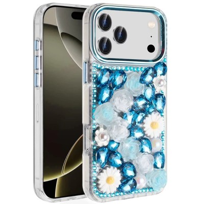 For iPhone 13/14 Spectacular Full Bling Stones Glitter HQ Hybrid Floral Series - Blue