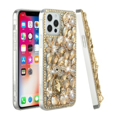 For iPhone 13/14 Spectacular Full Bling Stones Glitter HQ Hybrid Floral Series - Gold