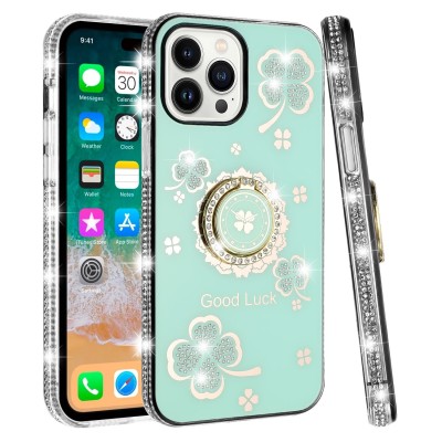 For iPhone 13/14 Splendid Glitter with Diamonds All Around Edges Ring Stand Case Cover - Gold
