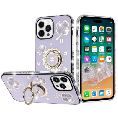 For iPhone 13/14 Splendid Glitter with Diamonds All Around Edges Ring Stand Case Cover - Purple