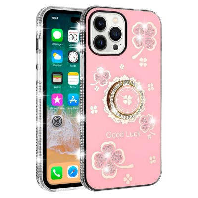 For iPhone 13/14 Splendid Glitter with Diamonds All Around Edges Ring Stand Case Cover - Pink