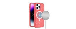For iPhone 13/14 Transparent Glitter [Magnetic Circle] ShockProof  Tough 2.0mm Thick Hybrid - Red