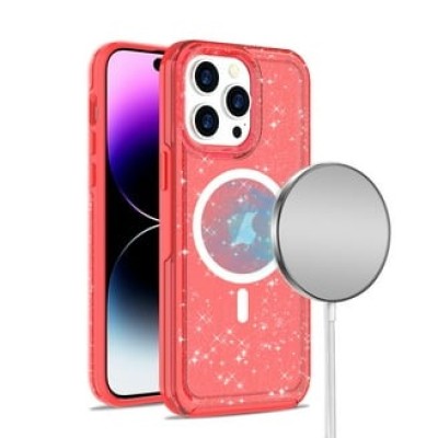 For iPhone 13/14 Transparent Glitter [Magnetic Circle] ShockProof  Tough 2.0mm Thick Hybrid - Red