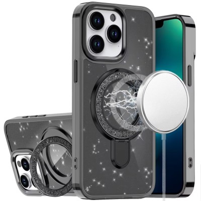 For iPhone 13/14 Transparent Glitter Rotaional Magnetic Ring Stand  HQ Hybrid - Black