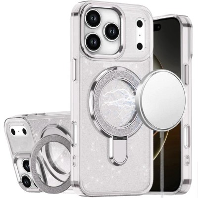 For iPhone 13/14 Transparent Glitter Rotaional Magnetic Ring Stand HQ Hybrid - Clear