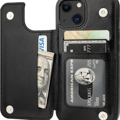 For iPhone 13 6.1 Card Holder with Mirror Inside PU Leather Hybrid Case - Black