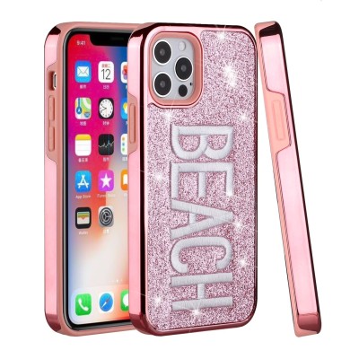 For iPhone 13 6.1 Embroidery Bling Glitter Chrome Hybrid Case Cover - OHIO on Pink