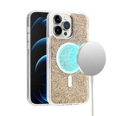 For iPhone 13 6.1 Epoxy Glitter Shimmer [Magnetic Circle] Hybrid  Case - Light Green