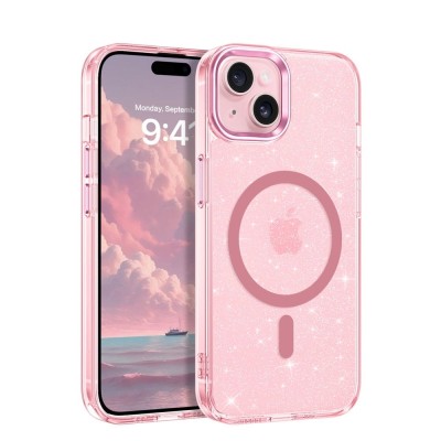 For iPhone 13 6.1 Epoxy Glitter Shimmer [Magnetic Circle] Hybrid  Case - Light Pink