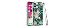 For iPhone 13 6.1 Full Diamond with Ornaments Case Cover - Pearl Flowers with Perfume Green