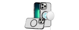 For iPhone 13 6.1 Magnetic Circle Ring Transparent Premium Acrylic with Metal Buttons & Camera Raised Lip - Black