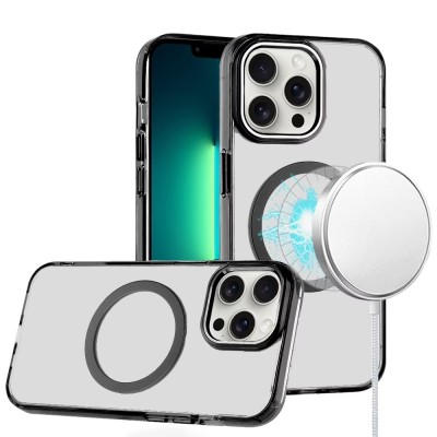 For iPhone 13 6.1 Magnetic Circle Ring Transparent Premium Acrylic with Metal Buttons & Camera Raised Lip - Black