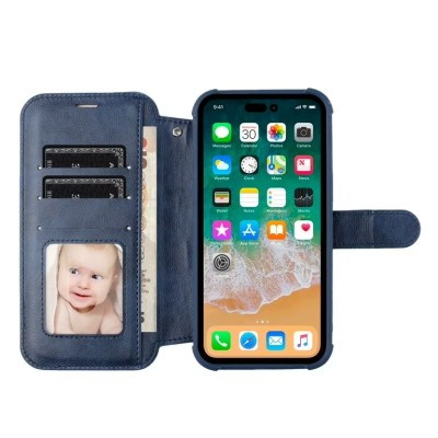 For iPhone 13 6.1 [Magnetic Circle] Wallet For ID and Credit Cards With Lanyard - Blue