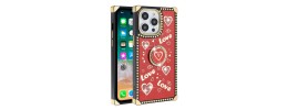 For iPhone 13 6.1 Passion Square Hearts Smiling Diamond Ring Stand Case Cover - Red