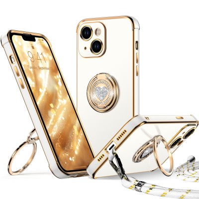 For iPhone 13 6.1 Passion Square Hearts Smiling Diamond Ring Stand Case Cover - White
