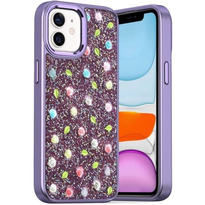 For iPhone 13 6.1 Stick-On Embedded Glass Diamonds of Colorful Floral Arrangement HQ Hybrid Case - Rose Gold