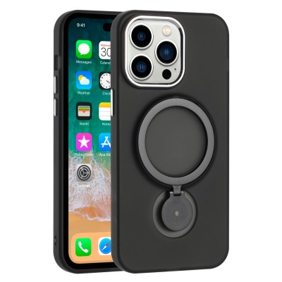 For iPhone 13 Pro Max Hoop Kickstand [Magnetic Circle] HD Transparent Chrome Hybrid - Black