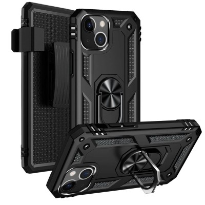 For iPhone 13 Mini 5.4 Commando Holster Kickstand Hybrid Tough Case Cover - Black/Black