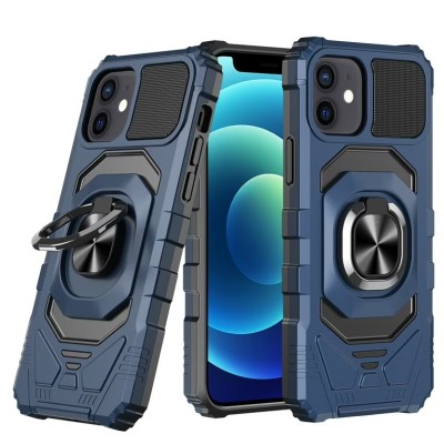For iPhone 13 Mini 5.4 ELITE Camera Push Magnetic Ring Stand Hybrid Case Cover - Blue