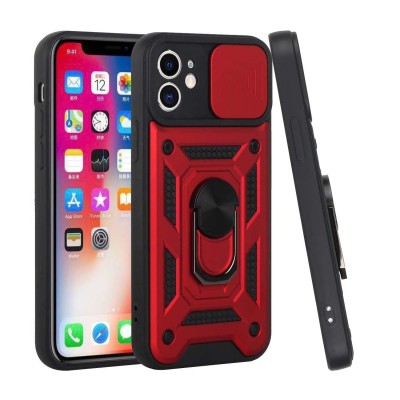 For iPhone 13 Mini 5.4 ELITE Camera Push Magnetic Ring Stand Hybrid Case Cover - Red
